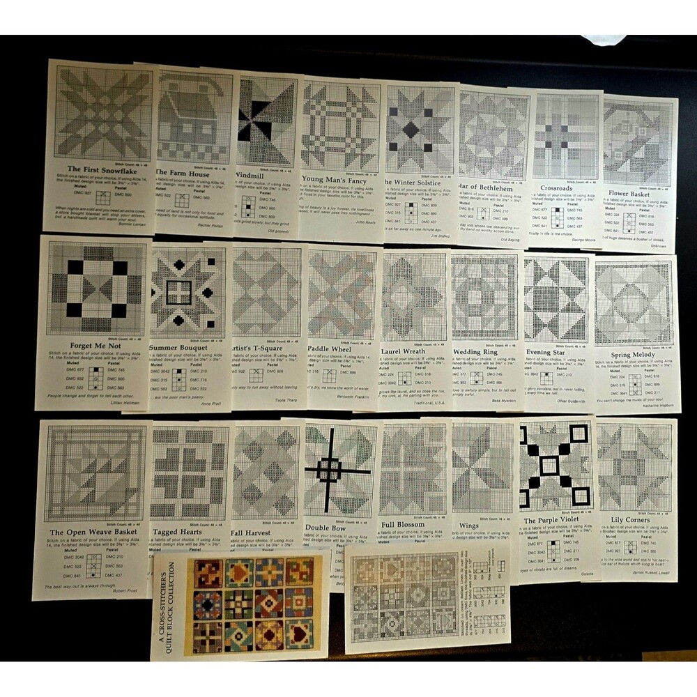 Vtg Rare Bucilla Canvas Embroidery Stitches 1975 booklet #500 & Set Quilt Blocks